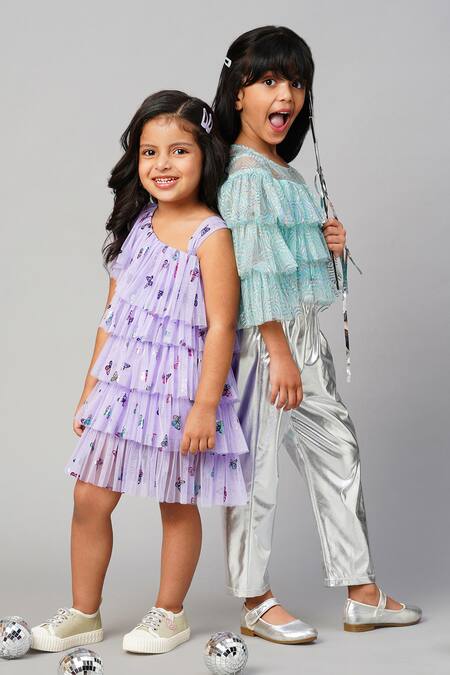Lil Drama_Blue Polyester Foil Printing Three-layered Shimmer Top And Pant Set _at_Aza_Fashions