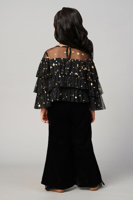 Shop_Lil Drama_Black Polyester Sequins Three-layered Foil Print Top And Pant Set _at_Aza_Fashions