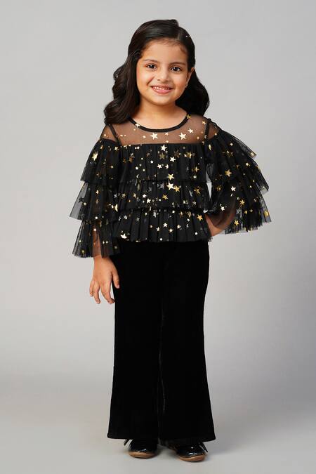 Lil Drama_Black Polyester Sequins Three-layered Foil Print Top And Pant Set _Online_at_Aza_Fashions