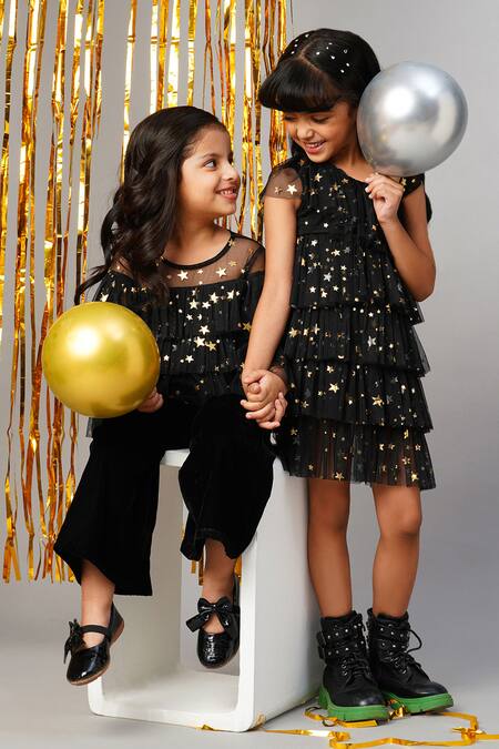 Lil Drama_Black Polyester Sequins Three-layered Foil Print Top And Pant Set _at_Aza_Fashions