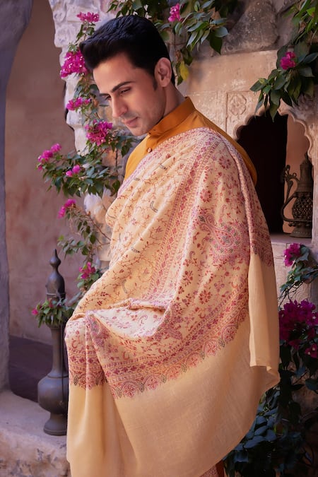 Shop Toosh Kashmir Beige Embroidery Sozni Jamawar Pashmina Shawl Online at Aza Fashions Shop_Toosh Kashmir_Beige Embroidery Sozni Jamawar Pashmina Shawl_Online_at_Aza_Fashions