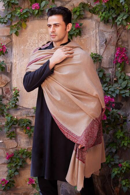 Toosh Kashmir_Beige Embroidery Sozni Palladar Pashmia Dushala _Online_at_Aza_Fashions