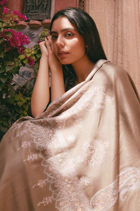 Shop_Toosh Kashmir_Beige Embroidery Sozni Flower Mandala Pashmina Shawl_Online_at_Aza_Fashions