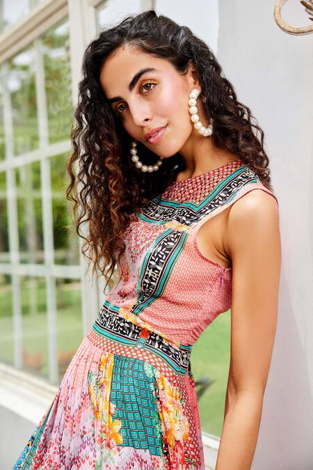 Shop_Bhanuni By Jyoti_Pink Viscose, Cotton Beads Crew Neck Alessandra Floral Tile Print Dress _Online_at_Aza_Fashions