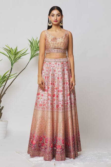 Samyukta Singhania Peach Silk, Net Beads, Mirrors, Embroidery, Floral Hand Bridal Lehenga Set Online at Aza Fashions Samyukta Singhania_Peach Silk, Net Beads, Mirrors, Embroidery, Floral Hand Bridal Lehenga Set_Online_at_Aza_Fashions