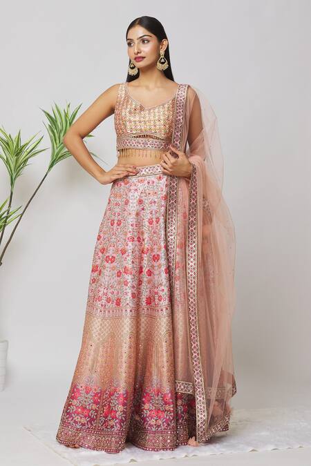 Shop Samyukta Singhania Peach Silk, Net Beads, Mirrors, Embroidery, Floral Hand Bridal Lehenga Set Online at Aza Fashions Shop_Samyukta Singhania_Peach Silk, Net Beads, Mirrors, Embroidery, Floral Hand Bridal Lehenga Set_Online_at_Aza_Fashions