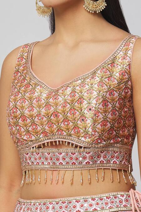 Samyukta Singhania Peach Silk, Net Beads, Mirrors, Embroidery, Floral Hand Bridal Lehenga Set at Aza Fashions Samyukta Singhania_Peach Silk, Net Beads, Mirrors, Embroidery, Floral Hand Bridal Lehenga Set_at_Aza_Fashions