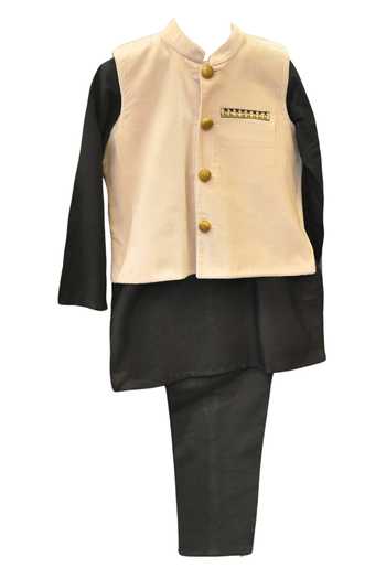 MINIME ORGANICS_Pink Velvet, Cotton, Silk Embroidery Black Kurta Set With Bundi _Online_at_Aza_Fashions