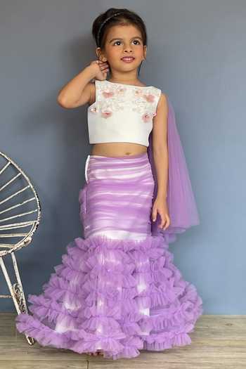 Shop Pinkcow designs pvt ltd White Net, Cotton Beads, Embroidery, Kid Floral Mermaid Lehenga And Top Set Online at Aza Fashions Shop_Pinkcow designs pvt ltd_White Net, Cotton Beads, Embroidery, Kid Floral Mermaid Lehenga And Top Set _Online_at_Aza_Fashions