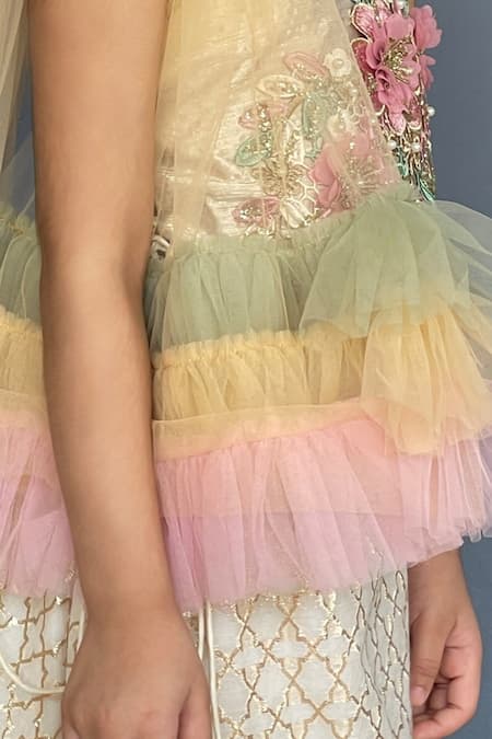 Shop Pinkcow designs pvt ltd Gold Net, Chanderi, Lurex Applique, Pearls, Kittenz Floral Choli Lehenga Set at Aza Fashions Shop_Pinkcow designs pvt ltd_Gold Net, Chanderi, Lurex Applique, Pearls, Kittenz Floral Choli Lehenga Set _at_Aza_Fashions