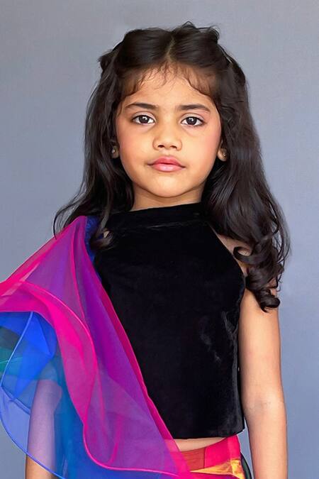 Pinkcow designs pvt ltd_Multi Color Silk, Crepe, Organza Tinytots Colorblock Woven Ghaghra Choli Set _Online_at_Aza_Fashions