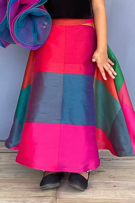 Buy_Pinkcow designs pvt ltd_Multi Color Silk, Crepe, Organza Tinytots Colorblock Woven Ghaghra Choli Set _Online_at_Aza_Fashions