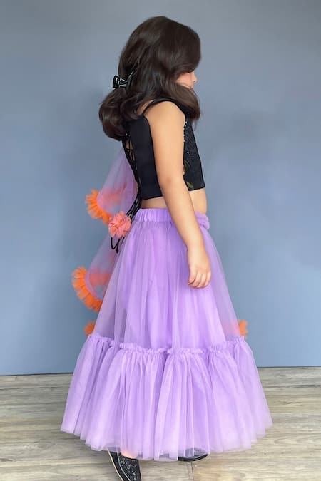 Shop Pinkcow designs pvt ltd Purple Crepe, Tulle, Taffeta Sequins, Gota Patti, Tiny Treads Ghaghra Choli Set at Aza Fashions Shop_Pinkcow designs pvt ltd_Purple Crepe, Tulle, Taffeta Sequins, Gota Patti, Tiny Treads Ghaghra Choli Set _at_Aza_Fashions