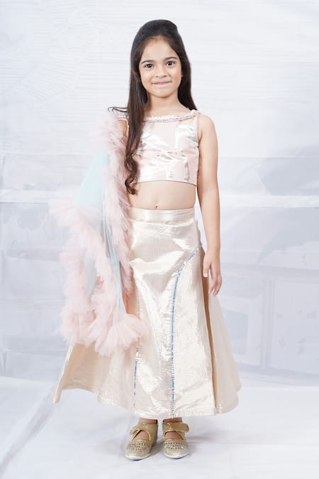 Pinkcow designs pvt ltd_Gold Brocade, Tulle, Cotton Sequins, Doll Wear Out Embellished Choli Set _at_Aza_Fashions