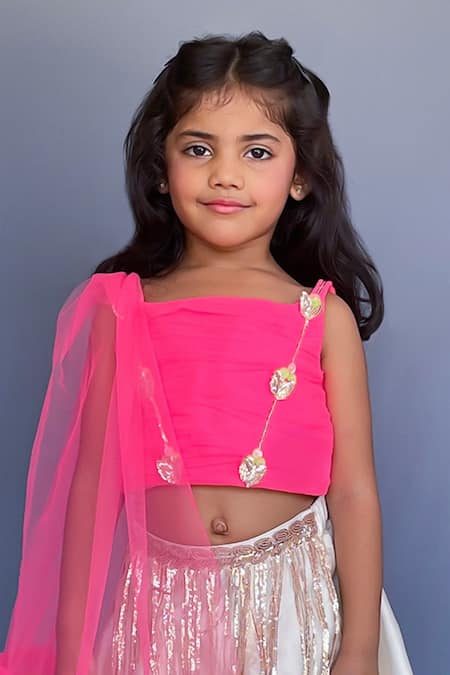 Pinkcow designs pvt ltd_Pink Crepe, Tulle, Taffeta Twirl And Whirl Embroidered Choli Ghaghra Set _Online_at_Aza_Fashions