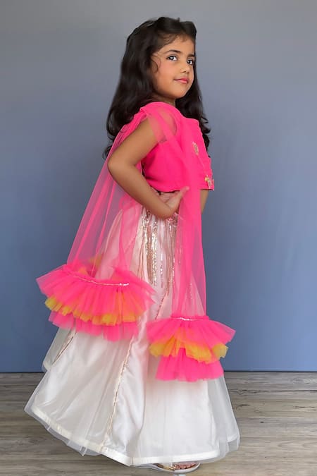 Shop_Pinkcow designs pvt ltd_Pink Crepe, Tulle, Taffeta Twirl And Whirl Embroidered Choli Ghaghra Set _Online_at_Aza_Fashions