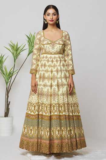 Samyukta Singhania_Cream Satin, Net Beads, Zari, Tassels Scoop Embroidered Anarkali With Dupatta_Online_at_Aza_Fashions