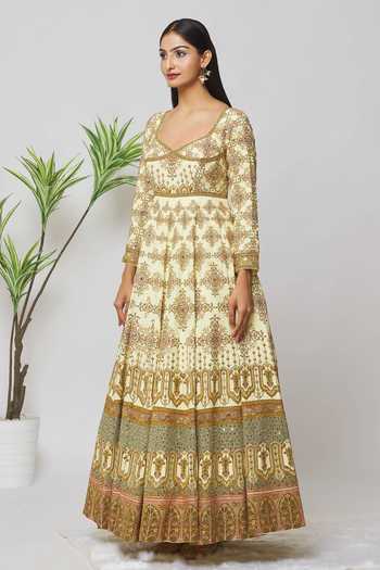 Buy_Samyukta Singhania_Cream Satin, Net Beads, Zari, Tassels Scoop Embroidered Anarkali With Dupatta_Online_at_Aza_Fashions