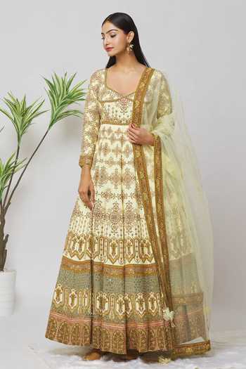 Shop_Samyukta Singhania_Cream Satin, Net Beads, Zari, Tassels Scoop Embroidered Anarkali With Dupatta_Online_at_Aza_Fashions