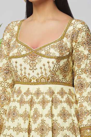 Samyukta Singhania_Cream Satin, Net Beads, Zari, Tassels Scoop Embroidered Anarkali With Dupatta_at_Aza_Fashions