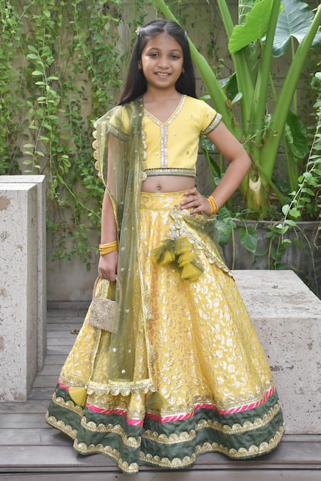 Buy Festival Wear Yellow Embroidery Work Banglori Satin Kids Lehenga Choli  Online From Surat Wholesale Shop.