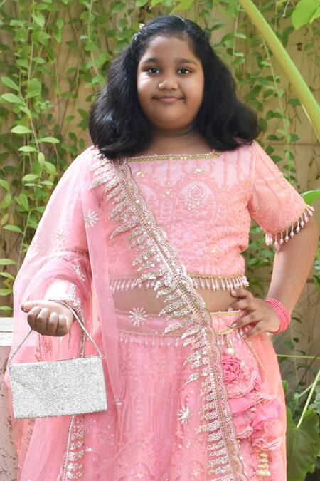 Buy_Fayon Kids_Pink Georgette, Organza Sequins, Embroidery And Thread Lehenga Set_Online_at_Aza_Fashions
