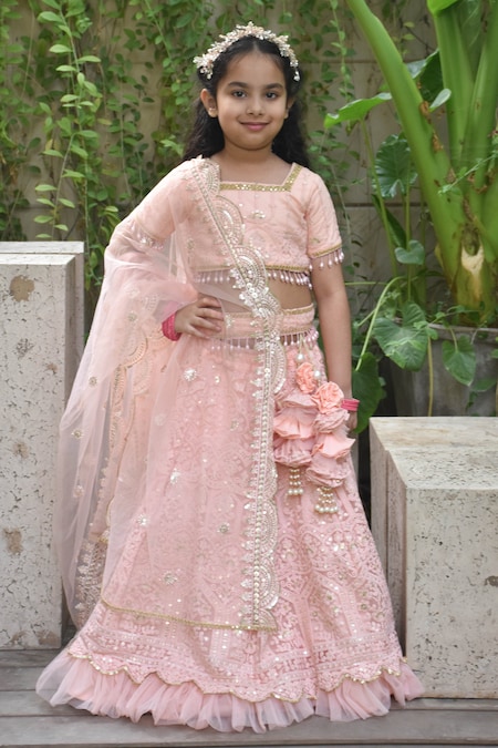 FAYON KIDS Peach Lehenga And Blouse Georgette Embroidered Sequins Set