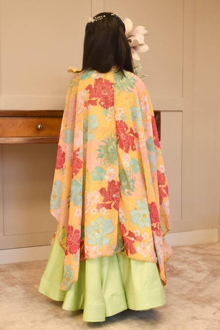 Shop Fayon Kids Yellow Georgette, Cotton Sequins Floral Print Cape Pant Set at Aza Fashions Shop_Fayon Kids_Yellow Georgette, Cotton Sequins Floral Print Cape Pant Set _at_Aza_Fashions