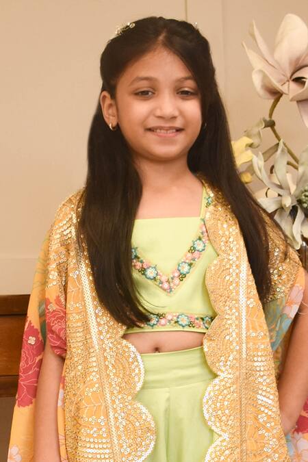 Buy Fayon Kids Yellow Georgette, Cotton Sequins Floral Print Cape Pant Set Online at Aza Fashions Buy_Fayon Kids_Yellow Georgette, Cotton Sequins Floral Print Cape Pant Set _Online_at_Aza_Fashions