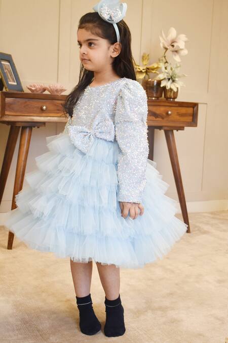 Fayon Kids_Blue Net Sequins Embroidered Frock _Online_at_Aza_Fashions