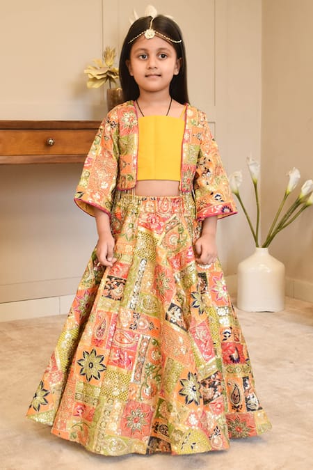 FAYON KIDS Multi Color Georgette Embroidered Thread Sequins Jacket Lehenga Set