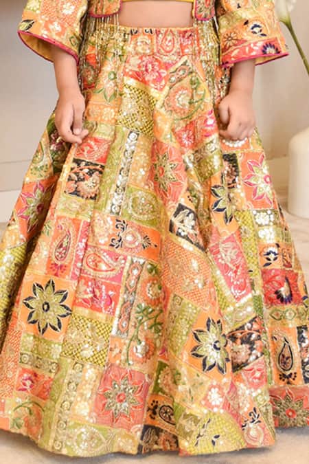 Fayon Kids_Multi Color Georgette, Cotton Sequins, Embroidery Jacket Lehenga Set _Online_at_Aza_Fashions