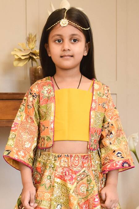 Buy_Fayon Kids_Multi Color Georgette, Cotton Sequins, Embroidery Jacket Lehenga Set _Online_at_Aza_Fashions