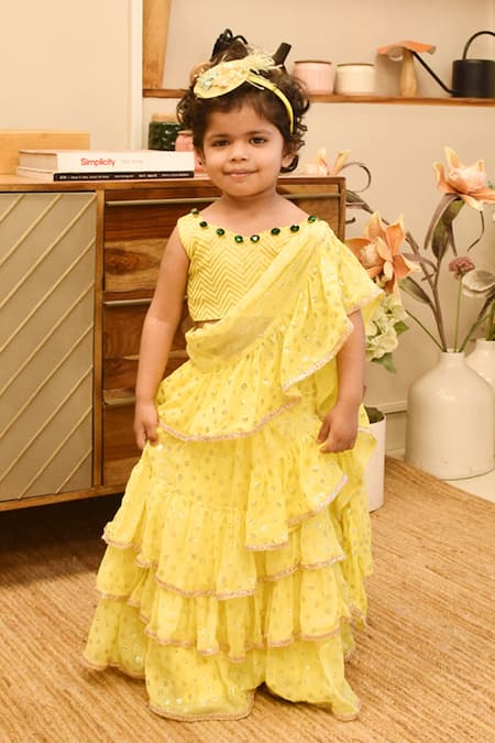 FAYON KIDS Yellow Georgette Embroidered Floral Motifs Saree With Blouse