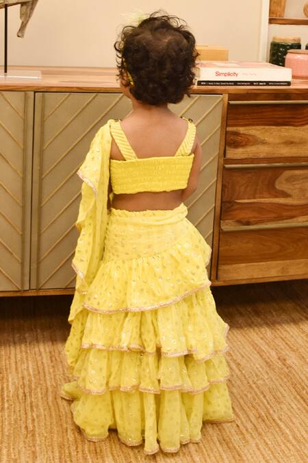 Shop_Fayon Kids_Yellow Georgette Sequins, Embroidery Floral Motifs Saree With Blouse _at_Aza_Fashions