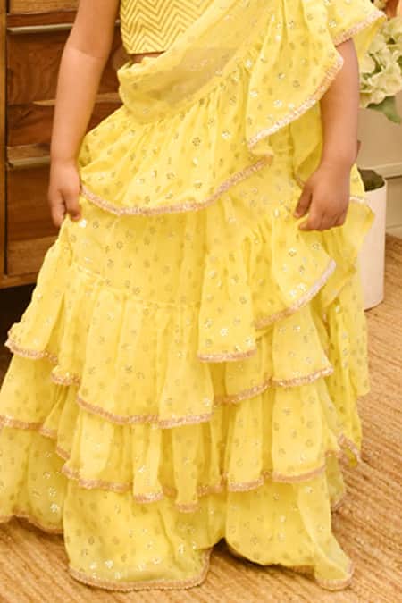 Fayon Kids_Yellow Georgette Sequins, Embroidery Floral Motifs Saree With Blouse _Online_at_Aza_Fashions