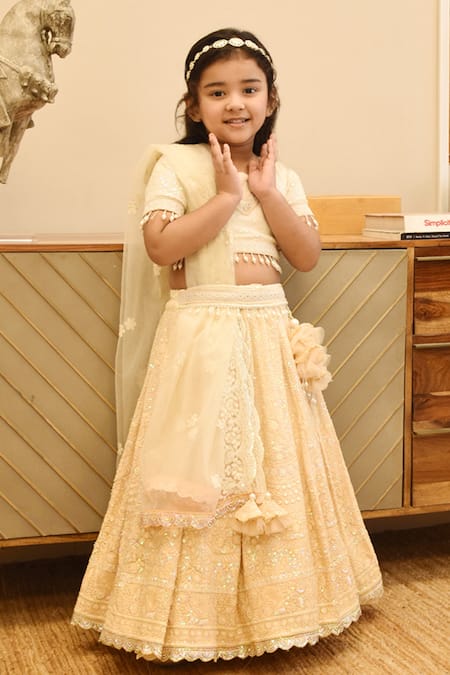 FAYON KIDS Beige Lehenga And Blouse Georgette Embroidered Lucknowi Chikankari Sequins Set