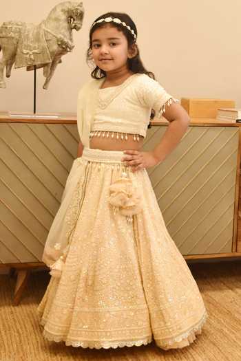 FAYON KIDS_Beige Georgette, Organza Sequins Embroidered Blouse Lehenga Set _Online_at_Aza_Fashions