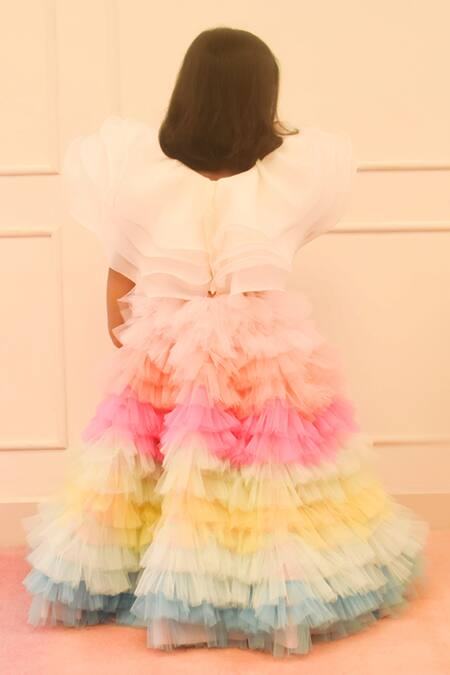 Shop Fayon Kids Multi Color Organza, Net Applique, Embroidery Frill Crop Top And Ombre Skirt Set at Aza Fashions Shop_Fayon Kids_Multi Color Organza, Net Applique, Embroidery Frill Crop Top And Ombre Skirt Set _at_Aza_Fashions