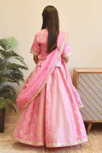 Shop FAYON KIDS Pink Chanderi, Organza Embroidery Floral Woven Lehenga Set at Aza Fashions Shop_FAYON KIDS_Pink Chanderi, Organza Embroidery Floral Woven Lehenga Set _at_Aza_Fashions