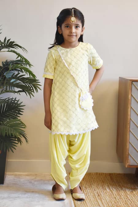 FAYON KIDS Yellow Kurta Net Embroidery Crochet Lace Checkered And Dhoti Pant Set