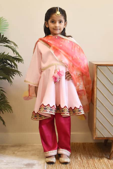 FAYON KIDS Pink Kurta Cotton Silk Embroidery Thread Border Set