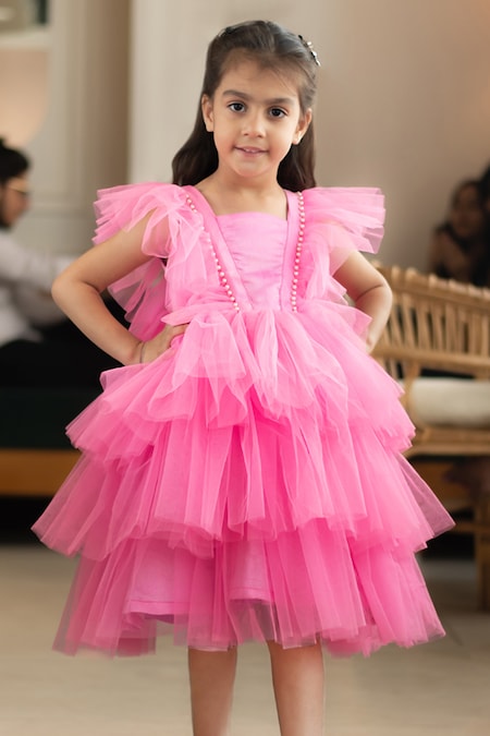 FAYON KIDS Pink Net Embellished Pearl Yoke Dress