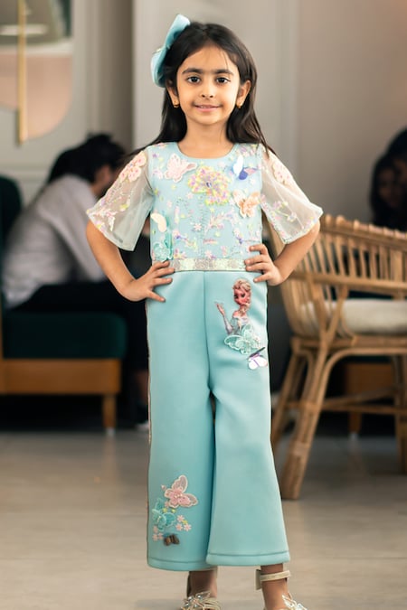 FAYON KIDS Blue Neoprene Embroidery 3d Butterfly Jumpsuit