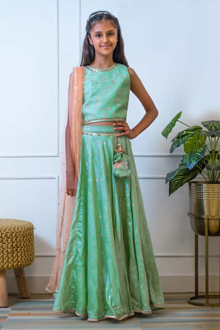 Shop Kids Girls Green Georgette Embroidered Lehenga Festive Wear Online at  Best Price | Cbazaar