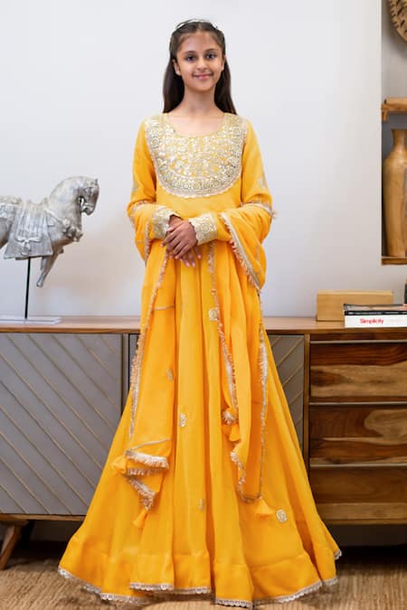 FAYON KIDS Yellow Anarkali Chanderi Embroidery Gota Yoke With Dupatta