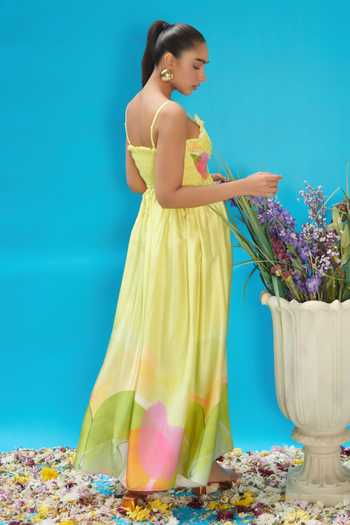 Cin Cin_Green Satin Scoop Neck Abstract Print Smocked Dress _Online_at_Aza_Fashions