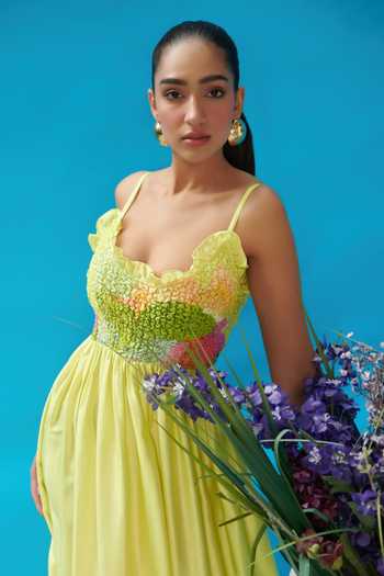 Buy_Cin Cin_Green Satin Scoop Neck Abstract Print Smocked Dress _Online_at_Aza_Fashions