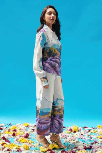 Shop_Cin Cin_White Satin Collared Scenic Print Shirt And Pant Set _Online_at_Aza_Fashions