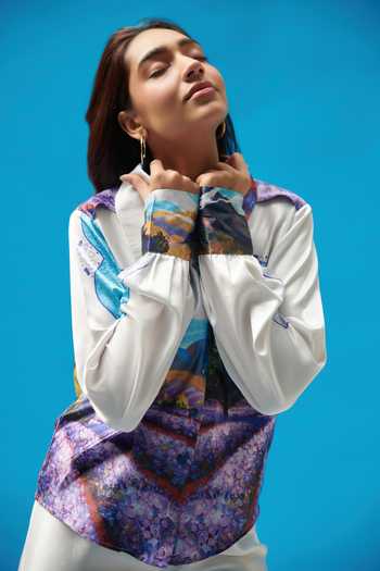 Cin Cin_White Satin Collared Scenic Print Shirt And Pant Set _at_Aza_Fashions